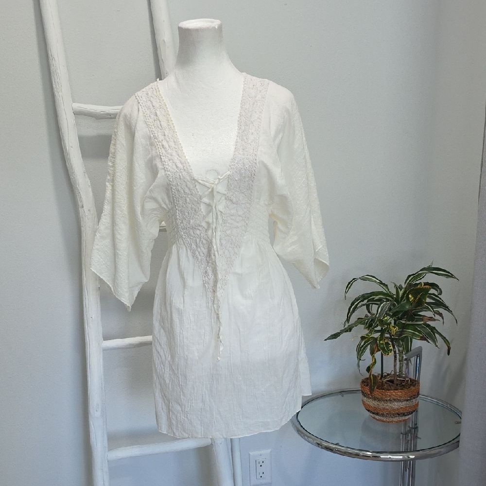 White Lace-Trim Peasant Beach Cover-up Tunic